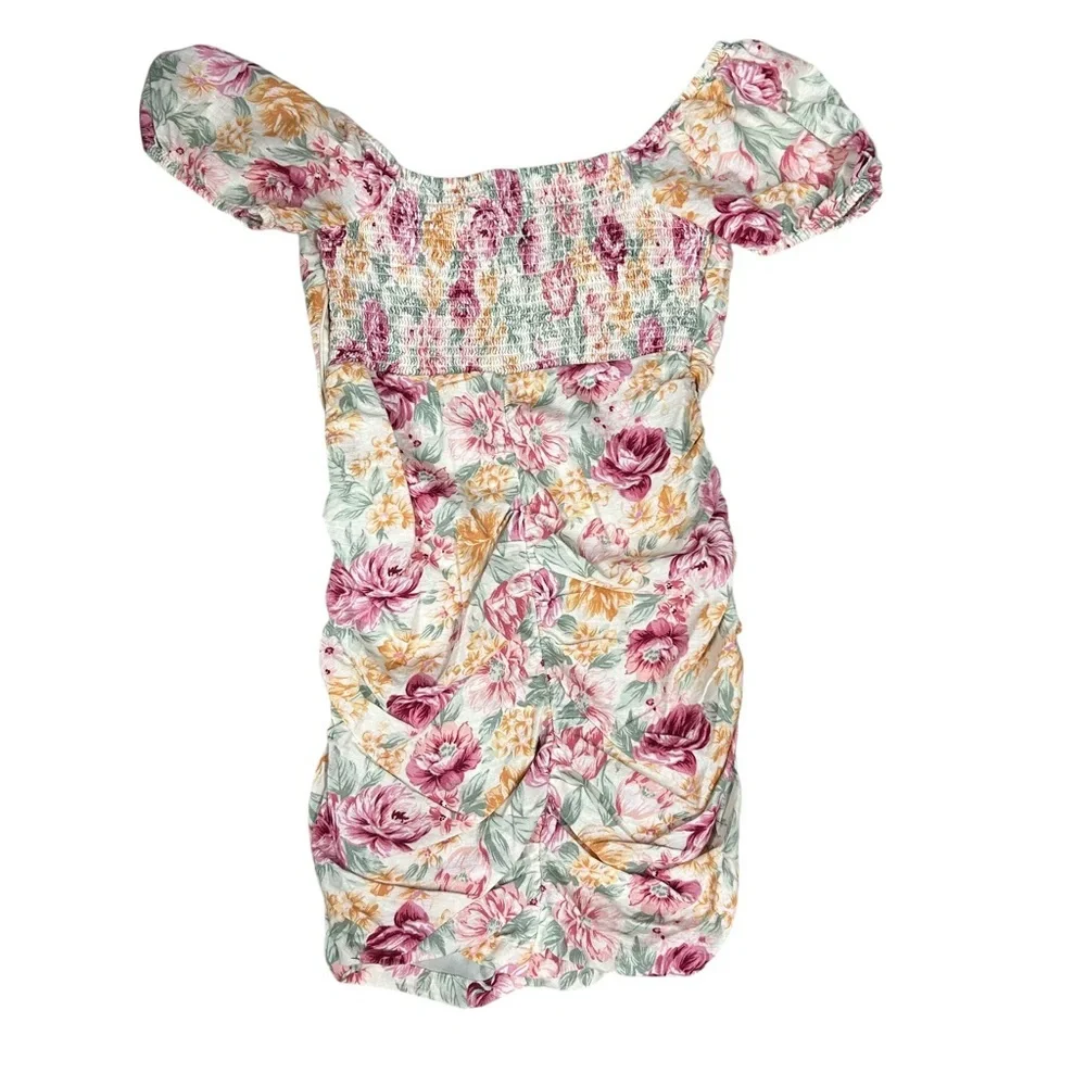American Eagle Women’s Small CottonLinen Ruched Smocked Puff Sleeve Floral Dress